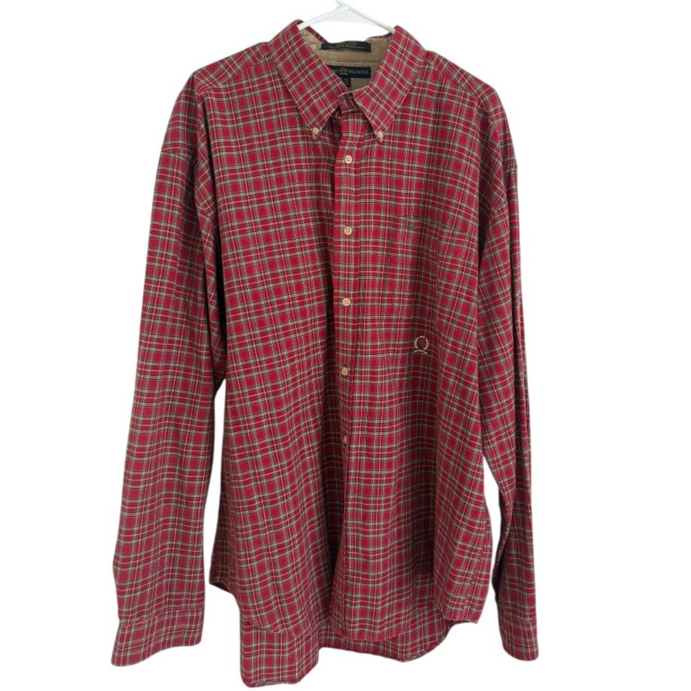 Tommy Hilfiger Vintage Red Plaid Crest Logo Flannel Shirt XXL 90s
